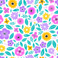 cute seamless pattern with leaves and flowers for spring and summer decor. Textile print, wallpaper, banner, background, wrapping paper, etc.