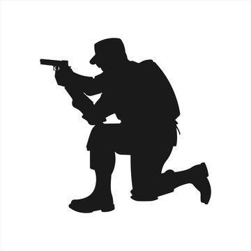 Military soldier aiming weapon silhouette. Sniper training icon. Shooter  with gun sign. Assault rifle shooting symbol. Marine troops concept. SWAT  Police. Navy or marine forces. Vector illustration. Stock Vector