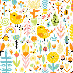 Spring seamless pattern with cute cartoon birds with chickens, flowers, rainbow, insects in a colorful palette. Vector childish illustration in hand-drawn Scandinavian style