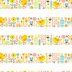 Spring seamless border patern with cute cartoon birds with chickens, flowers, rainbow, insects in a colorful palette. Vector childish illustration in hand-drawn Scandinavian style