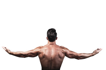 Fototapeta premium Muscular shirtless young man with stylish haircut posing over white background. Copy space. Studio shot