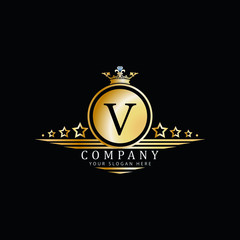 V Luxury badge logo golden with crown and diamond