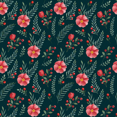 Watercolor floral seamless pattern on the dark background. Hand-drawn illustration with red flowers, leaves and berries. Background for wallpaper, textile, greeting cards, invitations, prints.