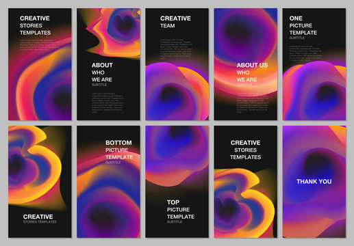 Social networks stories design, vertical banner or flyer templates. Covers design templates for flyer, brochure cover, presentation. Colorful gradient fluid backgrounds with dynamic liquid forms.