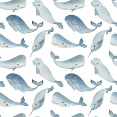 Watercolor seamless pattern with Arctic animals and on the white background. Whale, cachalot, narwhal and beluga. Funny kids illustration. Ideal for children's textile, wrapping, and other designs.