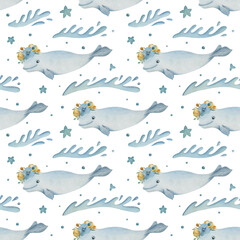 Watercolor seamless pattern with Arctic beluga, waves and stars on the white background. Funny kids illustration. Ideal for children's textile, wrapping, and other designs.