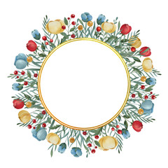 Hand-drawn watercolor round frame with flowers, leaves and berries. Botanical illustration with space for text. Decor for invitations, greeting cards, posters, design elements.