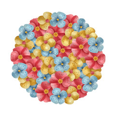 Summer watercolor round background with colored flowers on the white background. Ideal for greeting card, invitation, banner, and posters.