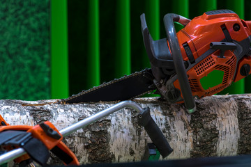Close-up professional chainsaw blade cutting birch