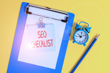 Text sign showing Seo Checklist. Business photo text list of items required to optimize the search...