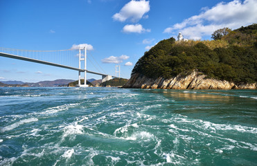 来島海峡の急流・渦潮。瀬戸内海、しまなみ海道の風景。