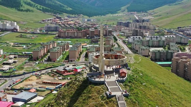 Aerial around view of Memorial to Soviet soldiers on Zaisan Tolgoi in Ulaanbaatar, Mongolia, 4k
