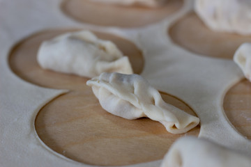 Dough rolled out in a pattern for preparation of ravioli or pelmeni. The rolled out dough. Rolled into a sausage dough. Flour dough for dumplings. Cooking dumplings