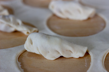 Dough rolled out in a pattern for preparation of ravioli or pelmeni. The rolled out dough. Rolled into a sausage dough. Flour dough for dumplings. Cooking dumplings