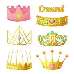 Golden crowns with colorful gems isolated on white background. Golden female tiaras vector icons collection for princesses © annzabella
