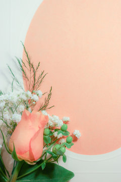 A peachy orange rose flower bud with white baby's breath (Gypsophila) and green hypericum berries against a peachy orange background with an oval frame, with copy space