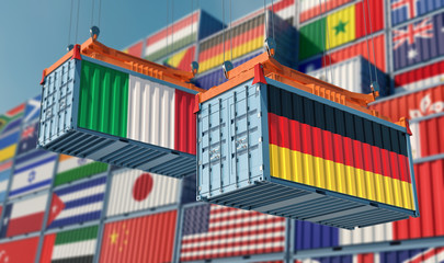 Shipping containers with Italy and Germany flag. 3D Rendering 