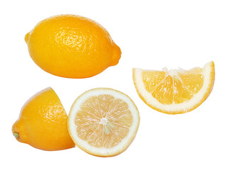 Three photos of yellow fresh lemon without a background for your design and texture
