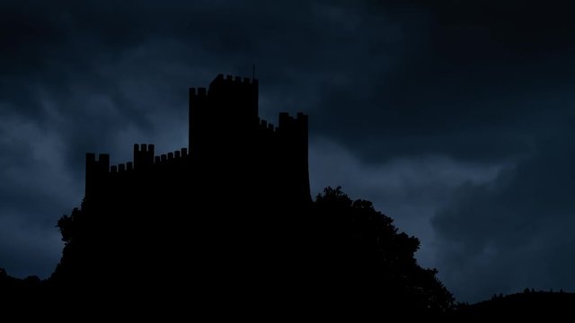 Almourol Castle: Lightning and Thunderstorm, Concept of, Cataclysms, Hurricane. Vila Nova Da Barquinha, Lisbon, Portugal