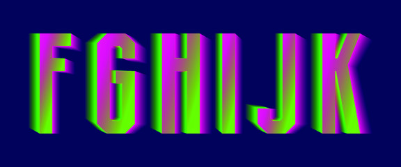 F, G, H, I, J, K green pink blurred letters. Thrilling vibrant font.