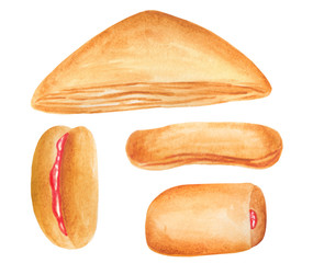 Watercolor puff, bun, bread. Sweet dessert. Illustration for cartoon, paper, textile, decoration, gifts. Cafe elements.