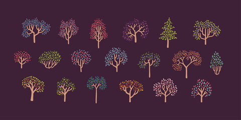 Set of Colorfull Autumn Trees in Simple Pointillism Style - Part 02. Vector Illustration.