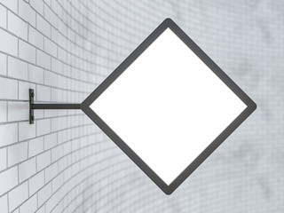 Blank, white square shop sign hanging on a white wall. 3D