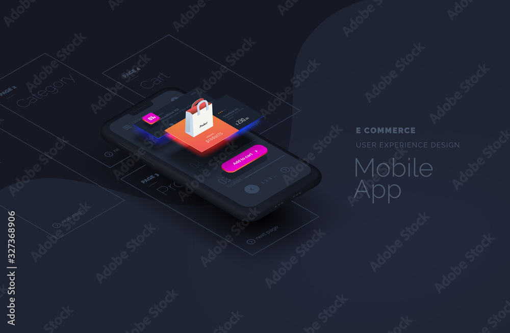 Poster E commerce for mobile applications. Web page created from separate blocks. User experience, user interface. Layouts of the mobile application by layers. Modern vector illustration isometric style.
