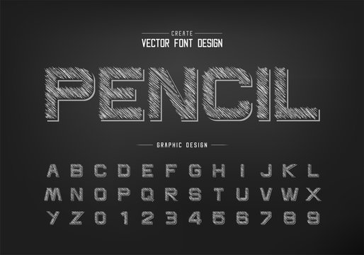 Pencil font and alphabet vector, Sketch design typeface letter and number, Graphic text on background