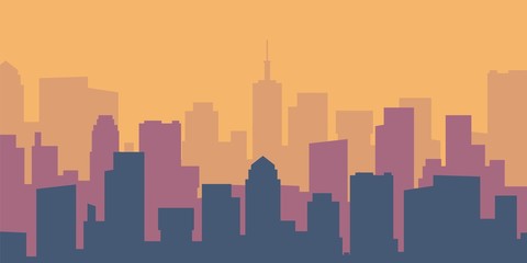 Cartoon cityscape. Empty flat lively city silhouette. Daytime urban skyline. Vector panoramic building outlines urban landscape