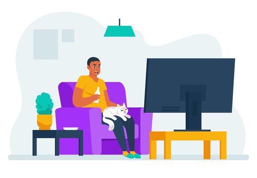 Man watching tv. Cartoon guy sitting on sofa at home and watching movie or documentary on streaming service. Vector illustration lifestyle man watch favorite television show and relax