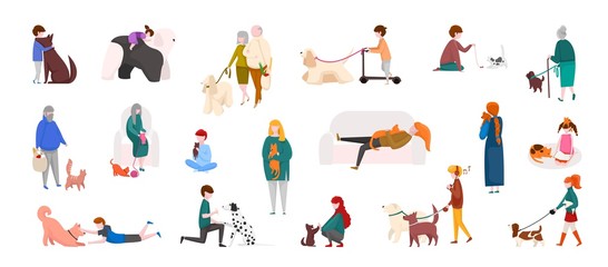 People with pets. Diverse cartoon characters walking, playing and running with cats and dogs. Vector isolated domestic animals and people outdoors set