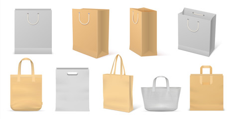 Realistic fabric bag. Reusable cardboard and cotton shopping bag with handles, advertising and branding blank mockup package. Vector isolated paper handbag set for shopping