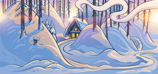 Winter forest landscape with hills and forest hut. Raster illustration