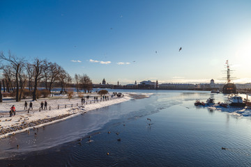 Saint Petersburg. Russia. Panorama of St. Isaac's Cathedral, Rostral Columns and Vasilievsky Island from the side of the Peter and Paul Fortress