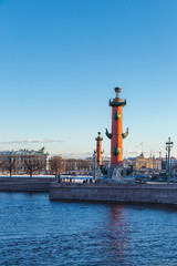 Saint Petersburg. Russia. Panorama of Rostral Columns and Vasilievsky Island from the side of the Peter and Paul Fortress