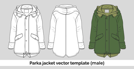 Parka jacket vector template for men