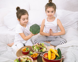 Healthy food, children eat fruits and vegetables.