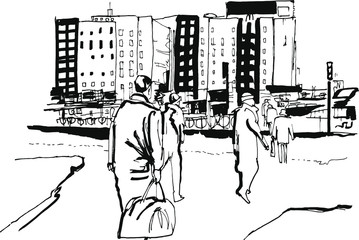 people in the city graphic black and white style lines art