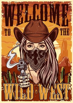 Wild west colorful vintage poster