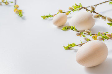 Composition with green buds on branches, easter eggs on a light background