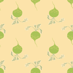 Radish seamless pattern on yellow background. Botanical wallpaper.