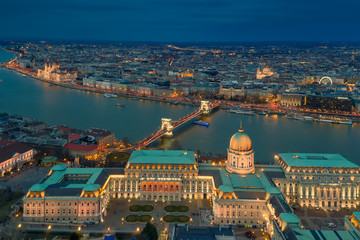 Europe Hungary Budapest Aerial panorama photo. Buda castle. Chain bridge. Hungarian parliament building. St Stephen basilica, Budapest eye. Danube river.