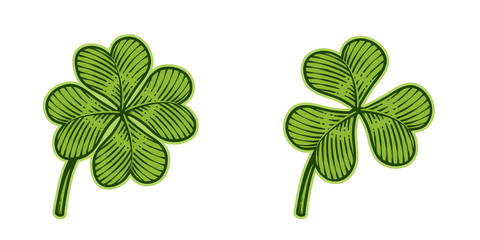 Vector illustration of lucky four-leaf and trefoil clovers in vintage engraving style; isolated on white background.
