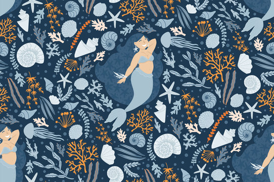 Cute seamless pattern with mermaids, plants, and shells. Can be used for baby t-shirt print, fashion print design, kids wear, baby celebration, fabric, and wrapping.