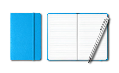 Cyan blue closed and open notebooks with a pen isolated on white