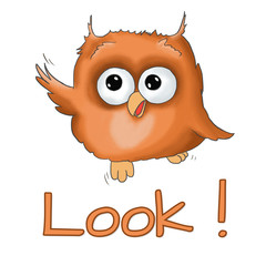 Illustration funny cartoon sweet cute orange brown owl happy jumping look there isolated on white background