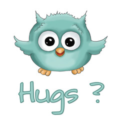 Illustration funny cartoon sweet cute blue turquoise owl happy jumping hug isolated on white background