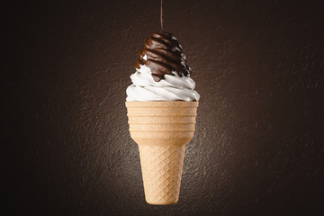 Milk ice cream topped with chocolate.