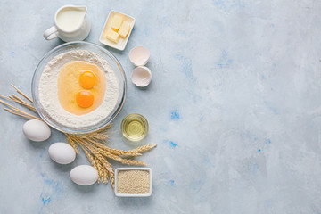 Ingredients for preparing bakery on color background